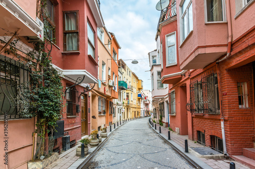 Balat district streets view in Istanbul. Balat is popular tourist attraction in Istanbul, Turkey.