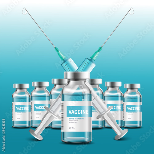 Creative design for Coronavirus vaccine vector background. Covid-19 corona virus vaccination with vaccine bottle and syringe injection tool for covid19 immunization treatment. Vector illustration.