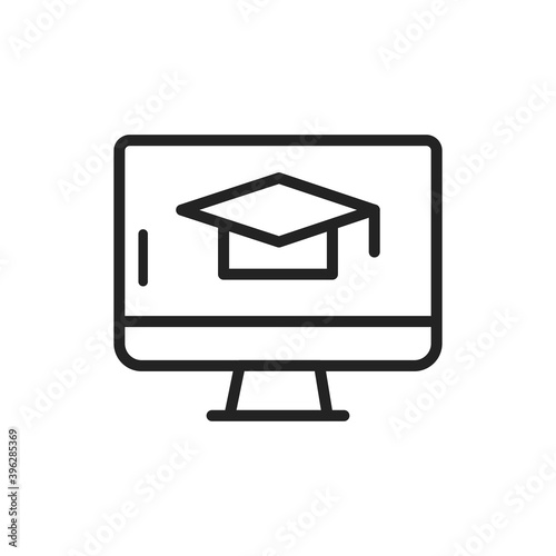 Distance learning black line icon. Online training courses. Home leisure. Isolated vector element. 