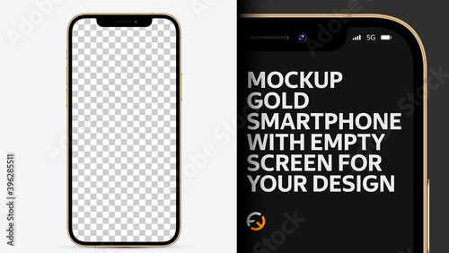 Mockup. Realistic smartphone Gold color with empty screen for your design. High detail image in small details. Vector illustration EPS10.