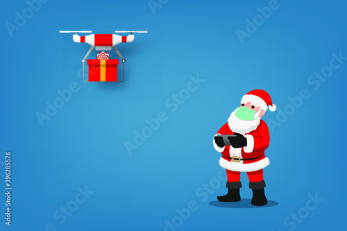 COVID-19 infographic of cute Christmas character, Santa Claus wear surgical mask controlling the drone to send a present gift for children and keep social physical distance. Corona virus protection.