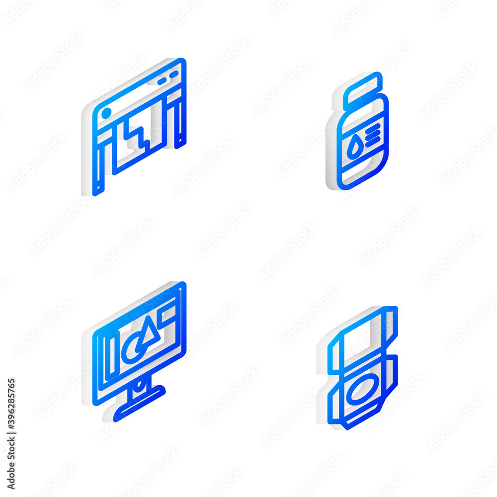 Set Isometric line Printer ink bottle, Plotter, Computer monitor screen and Carton cardboard box icon. Vector. Set Isometric line Printer ink bottle, Plotter, Computer monitor screen and Carton cardboard box icon. Vector.