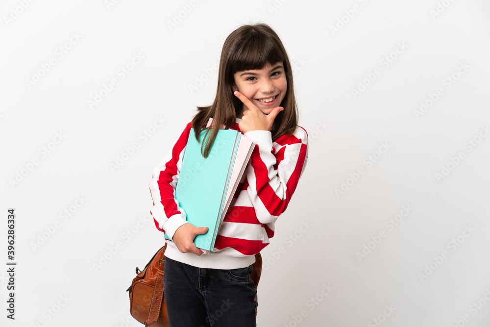 Little student girl isolated on white background happy and smiling