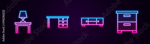 Set line Table lamp on table, Office desk, Chest of drawers and Furniture nightstand. Glowing neon icon. Vector.