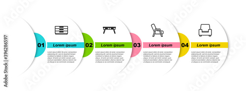 Set line Chest of drawers, Office desk, Armchair and . Business infographic template. Vector.