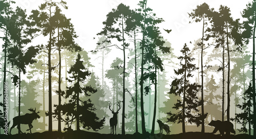 Canvastavla Seamless horizontal background with pine forest and animals: deer, bear, wolf, elk, owl and birds
