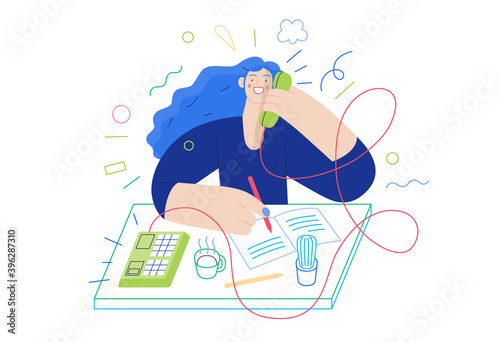 Business topics - client calls. Flat style modern outlined vector concept illustration. A red-haired woman talking to a client by the phone at the office desk. Business metaphor.