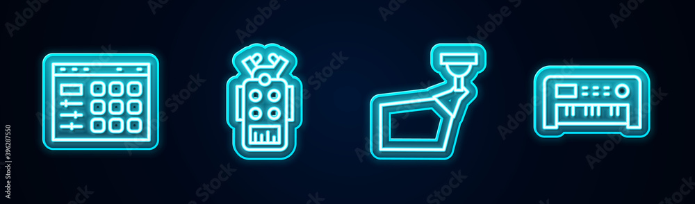 Set line Drum machine, Microphone, Movie spotlight and Music synthesizer. Glowing neon icon. Vector. Set line Drum machine, Microphone, Movie spotlight and Music synthesizer. Glowing neon icon. Vector.
