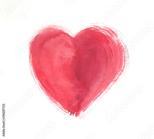 Watercolor hand drawn illustration of red heart on the white background