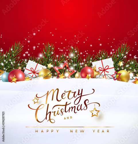 Christmas green fir branches, balls, stars, snow on red background. Pine evergreen plants, gift boxes and decoration elements. Vector xmas tree, lights garland with presents banner