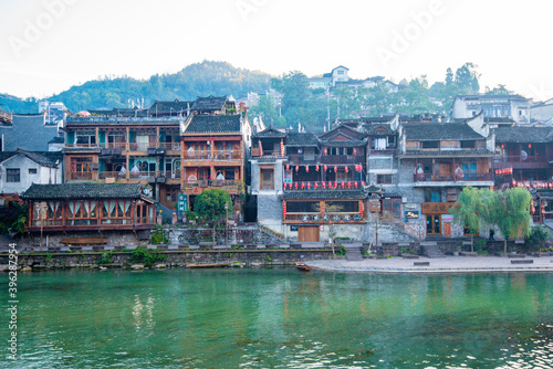 Scenery of old houses in Fenghuang City, Hunan Province, China. The ancient city of Fenghuang is regarded by UNESCO as a World Heritage Site.