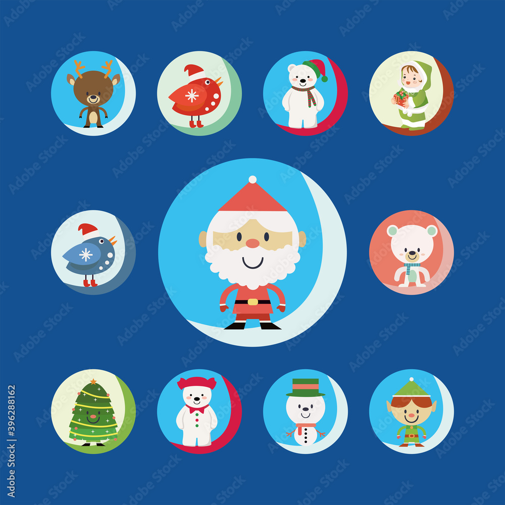Christmas cartoons clip art set. Cute characters of the holiday symbols. Isolated on blue background.