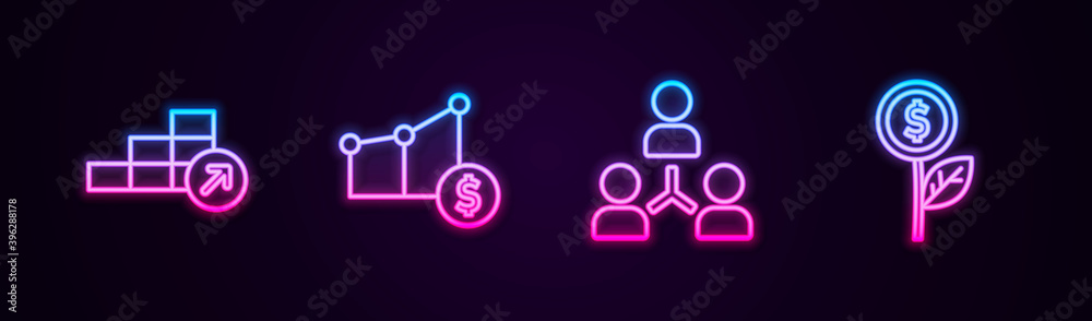 Set line Financial growth, Pie chart and dollar, Project team base and Dollar plant. Glowing neon icon. Vector. Set line Financial growth, Pie chart and dollar, Project team base and Dollar plant. Glowing neon icon. Vector.