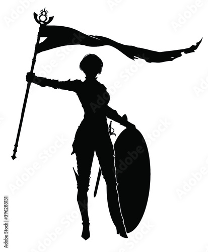 Black silhouette of a graceful knight girl with a flag in her hand and a round shield, and a rapier on her belt, she stands in a victory pose, her hair is short . 2D illustration