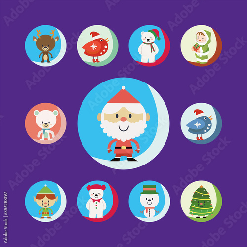 Christmas cartoons clip art set. Cute characters of the holiday symbols – Christmas tree, presents, bird, bear, elf, snowman and Santa. Isolated on violet background.