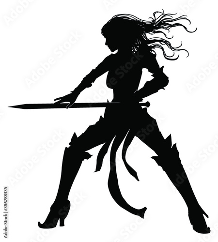 The black silhouette of a graceful knight girl with a sword in her hand, she stands ready for battle, her long hair fluttering in the wind, she is in a vulgar stance . 2D illustration