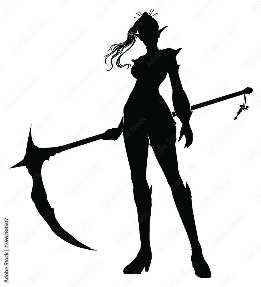 Black silhouette of an elf girl with a huge mystical scythe with