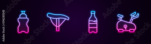 Set line Sport bottle with water, Bicycle seat, and Stationary bicycle. Glowing neon icon. Vector.