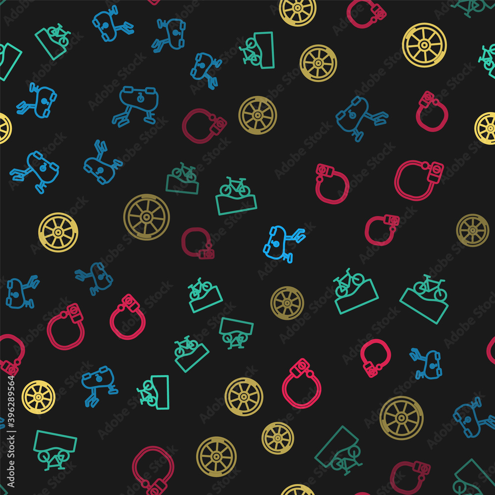 Set line Stationary bicycle, Mountain, Bicycle wheel and lock on seamless pattern. Vector. Set line Stationary bicycle, Mountain, Bicycle wheel and lock on seamless pattern. Vector.