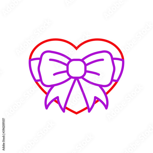 Logotipo con corazón con forma de caja de regalo con nudo de lazo con cinta con lineas en color rojo y rosa