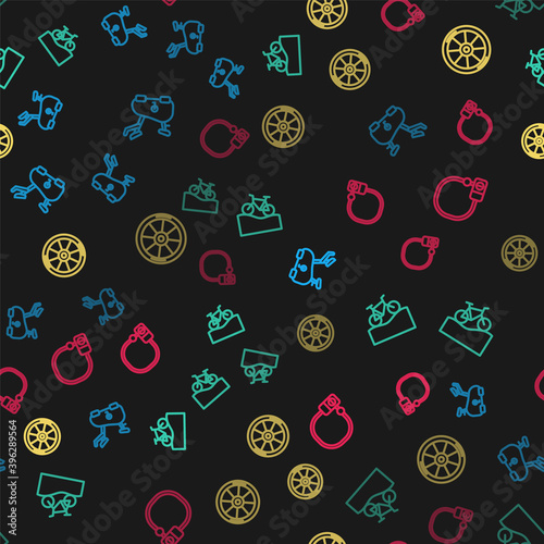 Set line Stationary bicycle, Mountain, Bicycle wheel and lock on seamless pattern. Vector.