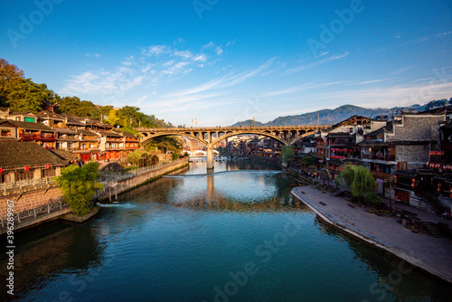 Scenery of old houses in Fenghuang City  Hunan Province  China. The ancient city of Fenghuang is regarded by UNESCO as a World Heritage Site.