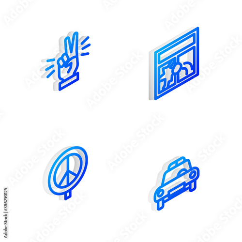 Set Isometric line Broken window, Hand showing two finger, Peace and Police car flasher icon. Vector.