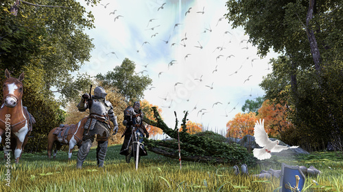 Dekoracja na wymiar  fantasy-landscape-medieval-knights-with-armor-in-combat-gear-advance-on-foot-in-the-middle-of-the-woods-3d-illustration-3d-rendering