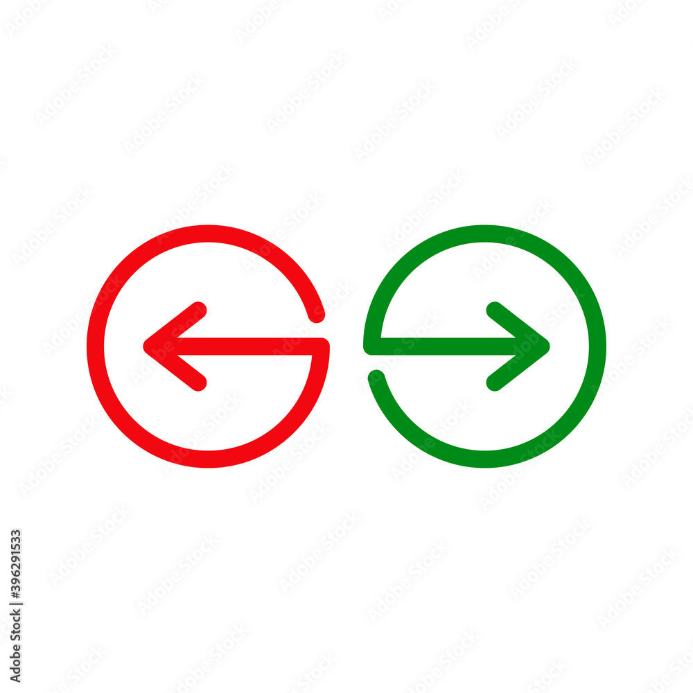 Símbolos anterior y siguiente. Logotipo con flechas en círculos en color verde y rojo Símbolos anterior y siguiente. Logotipo con flechas en círculos en color verde y rojo
