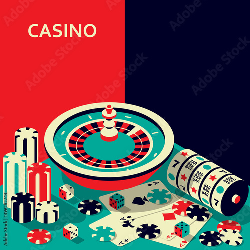 Casino banner. Roulette and slot, chips, dices and cards