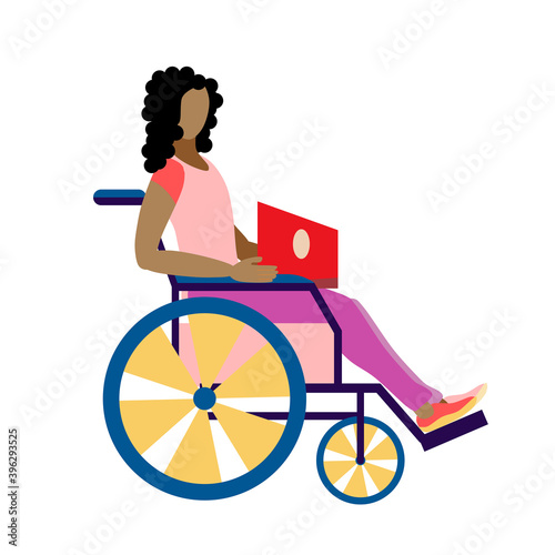 African-American girl with a laptop is sitting in a wheelchair. A student with a disability. The concept of equal opportunities. Character of the disabled person. Vector illustration in flat style.