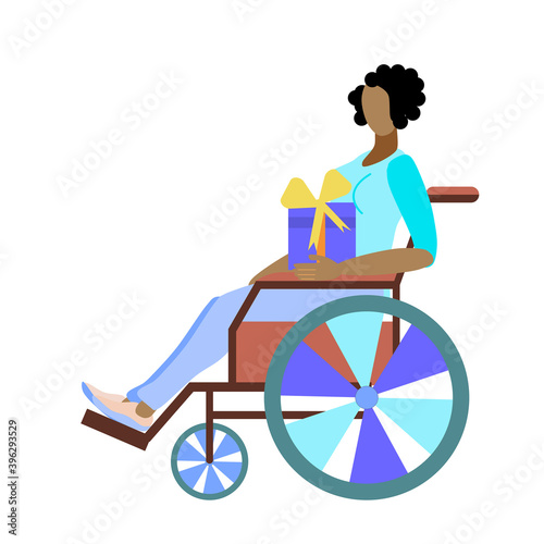 An Afro-Amerecan disabled girl sits in a wheelchair and holds a gift in her hands. Vector illustration in flat style isolated on a white background.