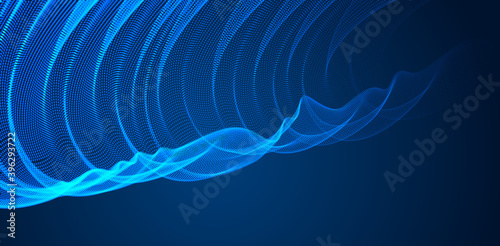 Wave of flowing particles over dark abstract vector magic background, smooth curvy shape dots transparent tulle textile on wind. 3d shape dots blended mesh, relaxing wallpaper.