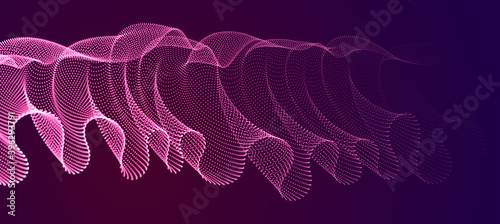 Wave of flowing particles over dark abstract vector magic background, smooth curvy shape dots transparent tulle textile on wind. 3d shape dots blended mesh, relaxing wallpaper.