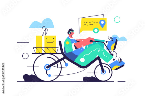 Guy delivers goods on recumbent bike, box with goods isolated on white background, flat vector illustration