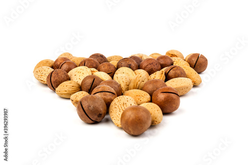 Assorted Nuts. Background of nuts - macadamia, almonds, isolated on white background