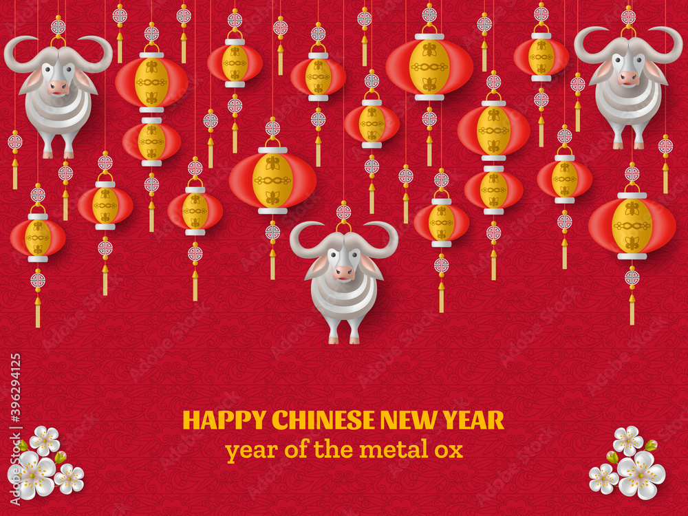 Happy Chinese New Year background with creative white metal ox, hanging lanterns