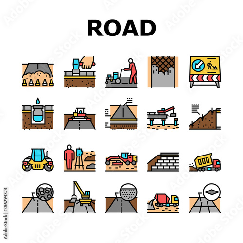 Road Construction Collection Icons Set Vector. Gravel Crushed Stone Road And Asphalt, Embankment And Strengthening Of Slopes, Bridge And Drainage Concept Linear Pictograms. Contour Illustrations