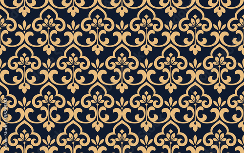 Flower geometric pattern. Seamless vector background. Dark blue and gold ornament. Ornament for fabric, wallpaper, packaging. Decorative print