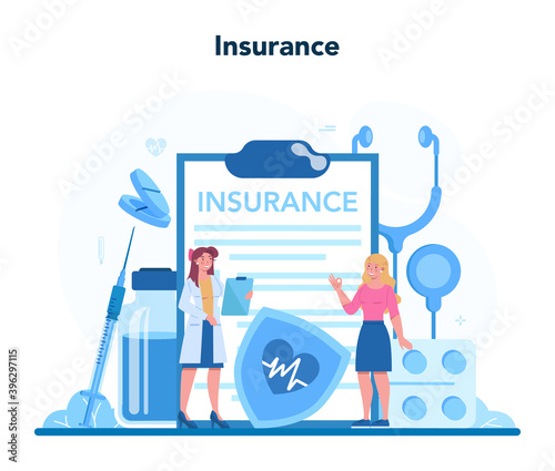 Health insurance concept set. People and doctor standing at the big