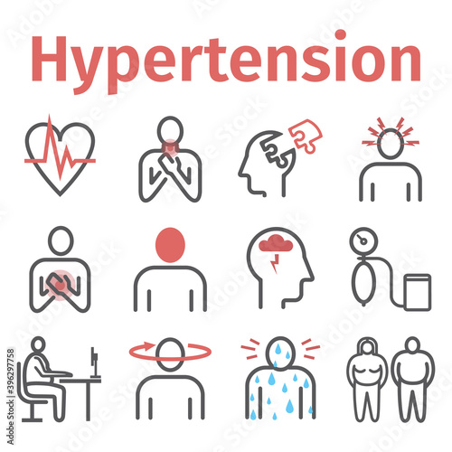 Hypertension. Symptoms, Treatment. Line icons set. Vector signs for web graphics.