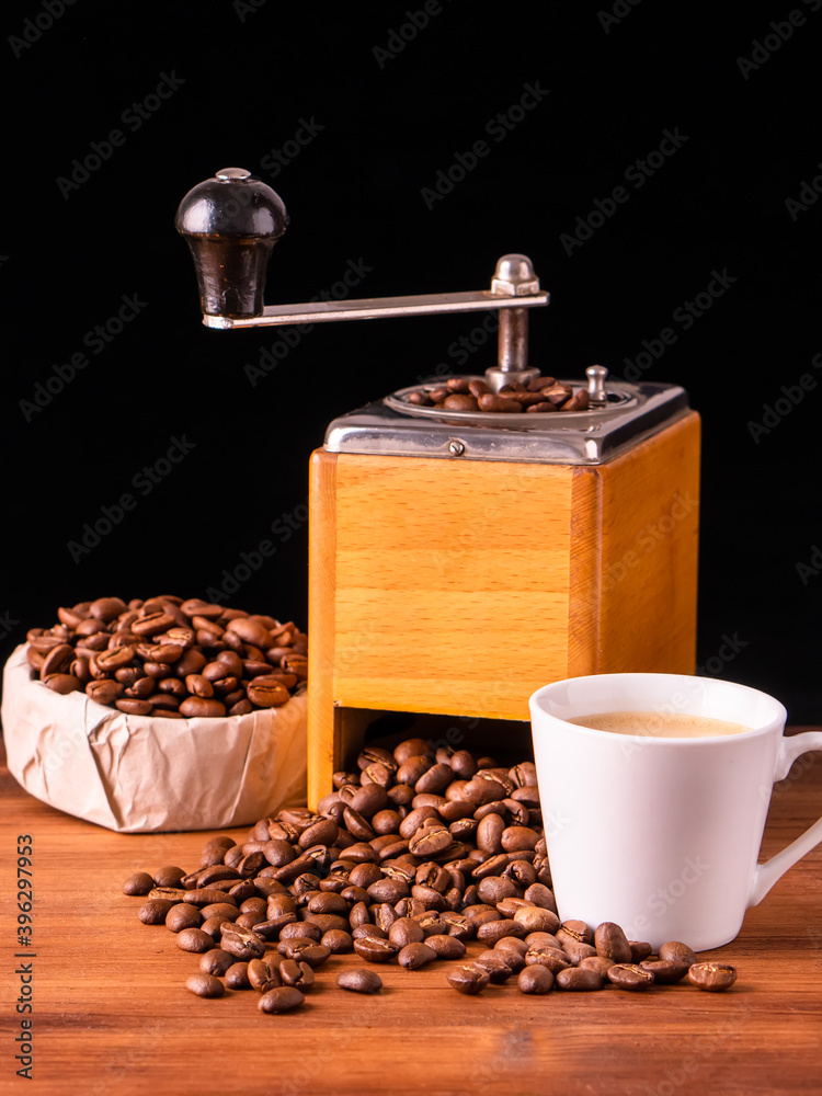 Fresh cafe for morning breakfast refresh caffeine white cup roasted organic coffee bean farm in vintage wood grinder classic metal coffee pot for black espresso and cream milk cappuccino latte