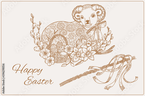 Czech Easter - Easter baked lamb cake, Willow braided rod, Egg Basket, flowers daffodils and willow with easter decorations. Hand draw Illustration for packaging, menu cards, posters, prints.	
