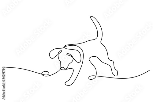 Fototapeta Naklejka Na Ścianę i Meble -  Playful dog in continuous line art drawing style. Puppy playing minimalist black linear sketch isolated on white background. Vector illustration