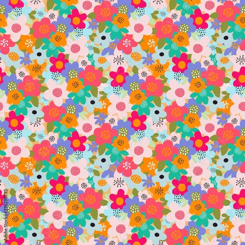 seamless background of bright multicolored flowers in a minimalist style