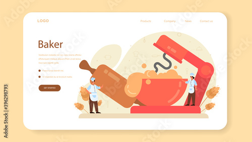 Baker web banner or landing page. Chef in the uniform baking