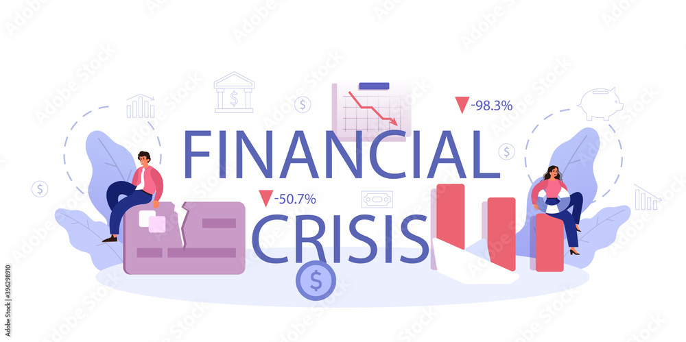Financiall crisis typographic header. Bankruptcy with falling down