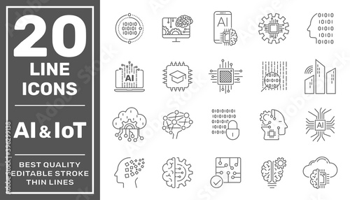 Artificial Intelligence and Internet of Things (AI, IoT) set of line vector icons. Editable Stroke