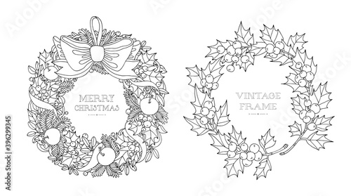 Christmas wreath with bow and holly berry border. Ribbons, pine tree branch, forest plant, apple fruit. Vector hand drawn artwork. Holiday concept. Coloring book page for adults, kids. Black and white