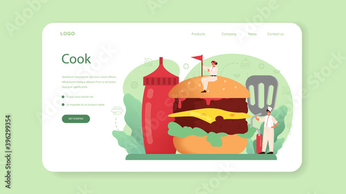 Fast food, burger house web banner or landing page. Chef cook